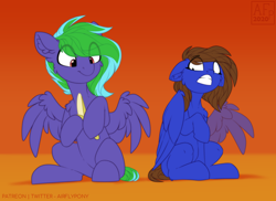 Size: 3500x2543 | Tagged: safe, artist:airfly-pony, oc, oc only, oc:cobalt, oc:weldbead, pegasus, pony, banana, dexterous hooves, eye clipping through hair, female, food, high res, male, patreon, patreon reward, pegasus oc, shipping, sitting, varying degrees of want
