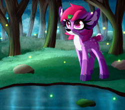 Size: 8500x7500 | Tagged: safe, artist:windykirin, oc, oc only, oc:dawnfire, deer, firefly (insect), frog, insect, absurd file size, absurd resolution, female, forest, grass, long eyelashes, pond, scenery, solo, tree, water