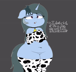 Size: 3168x3000 | Tagged: safe, artist:blitzyflair, oc, oc only, oc:blitzy flair, pony, unicorn, bell, belly button, bipedal, black background, chubby, clothes, collar, cowbell, cowprint, female, floppy ears, gloves, high res, lidded eyes, long gloves, mare, open mouth, plump, question, simple background, solo, stockings, thigh highs, wide hips