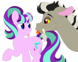 Size: 1280x1018 | Tagged: safe, artist:lepoppeta, discord, starlight glimmer, draconequus, pony, unicorn, g4, female, looking at each other, male, ship:starcord, shipping, simple background, story included, straight, tongue out, transparent background