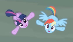 Size: 505x295 | Tagged: safe, edit, edited screencap, screencap, rainbow dash, twilight sparkle, pegasus, pony, g4, rarity takes manehattan, cute, dashabetes, duo, looking at you, looking up, simple background, twiabetes