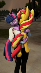 Size: 1080x1920 | Tagged: safe, artist:litterpaws, sunset shimmer, twilight sparkle, unicorn, anthro, g4, 3d, anthro with ponies, carrying, female, hugging a pony, source filmmaker