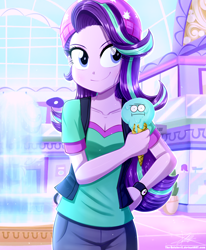 Size: 1784x2163 | Tagged: safe, artist:the-butch-x, starlight glimmer, human, equestria girls, equestria girls specials, g4, mirror magic, beanie, blue eyes, breasts, cleavage, female, food, fountain, hand on hip, happy, hat, ice cream, indoors, mall, multicolored hair, purple skin, shiny skin, smiling, solo, spoilers for another series, that human sure does love ice cream, that pony sure does love ice cream, waffle cone