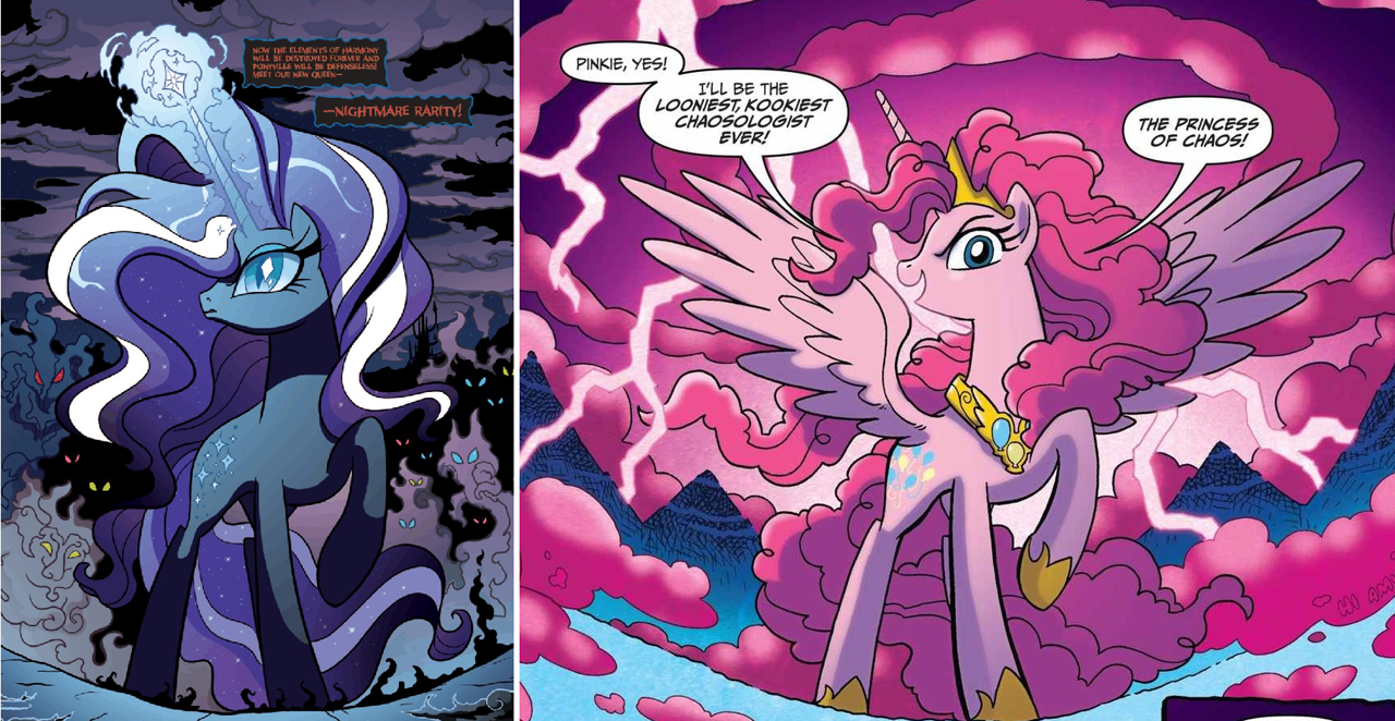 2571010 - safe, idw, official comic, nightmare rarity, pinkie pie, alicorn,  pony, unicorn, g4, spoiler:comic, spoiler:comic06, spoiler:comic57,  alicornified, comic, comparison, lightning, nightmare rarity (arc),  pinkiecorn, princess of chaos, race swap ...