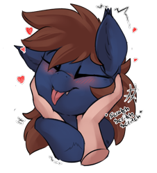 Size: 2226x2457 | Tagged: safe, alternate character, alternate version, artist:beardie, oc, oc only, oc:warly, bat pony, human, beardies scritching ponies, blushing, commission, disembodied hand, ear tufts, eyes closed, fangs, hand, happy, heart, high res, male, petting, simple background, tongue out, transparent background, ych result