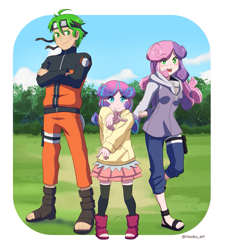 Size: 989x1100 | Tagged: safe, artist:riouku, princess flurry heart, spike, sweetie belle, human, g4, anime, clothes, commission, crossover, feet, female, forest, grass, humanized, hyuuga hinata, male, naruto, sandals, ship:spikebelle, shipping, straight, toes, tree, uncle spike, uzumaki himawari, uzumaki naruto, whiskers