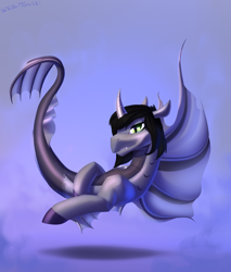 Size: 2300x2700 | Tagged: safe, alternate version, artist:shido-tara, siren, cloven hooves, commission, curved horn, fangs, fins, fish tail, floating, high res, horn, kellin quinn, looking at you, male, ponified, scales, sleeping with sirens, slit pupils, solo