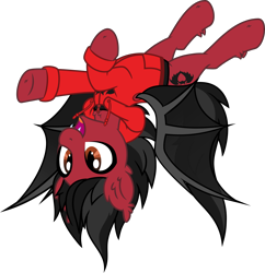 Size: 5000x5166 | Tagged: safe, artist:aureai, bat pony, pony, bat wings, behaving like a bat, clandestine industries, clothes, commission, ear fluff, fall out boy, fangs, flying, happy, hoodie, hoof fluff, male, open mouth, pete wentz, ponified, simple background, slit pupils, solo, stallion, transparent background, underhoof, upside down, vector, wings