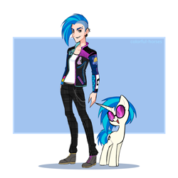 Size: 2500x2500 | Tagged: safe, artist:syrupyyy, dj pon-3, vinyl scratch, human, pony, unicorn, g4, alternate hairstyle, boots, chains, clothes, ear piercing, earring, eyebrow piercing, female, grin, high res, horn, human ponidox, humanized, implied coloratura, implied lesbian, implied octavia melody, implied scratchtavia, implied shipping, jacket, jeans, jewelry, long horn, mare, open mouth, pansexual, pansexual pride flag, pants, piercing, pride, pride flag, punk, self ponidox, shirt, shoes, smiling, t-shirt, vinyl's glasses