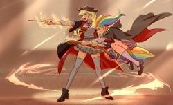 Size: 1236x750 | Tagged: safe, artist:卯卯七, applejack, rainbow dash, human, g4, broom, clothes, crossover, duo, female, flying, flying broomstick, harry potter (series), humanized, magic wand, necktie, pleated skirt, shoes, skirt, stockings, thigh highs, wand, wizard robe, zettai ryouiki