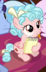 Size: 717x1122 | Tagged: safe, screencap, cozy glow, pegasus, pony, a matter of principals, g4, female, filly, notepad, pencil, solo focus