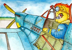 Size: 640x442 | Tagged: safe, artist:daisymane, spitfire, pegasus, pony, g4, bomber jacket, clothes, female, goggles, horseshoes, jacket, mare, namesake, plane, pun, solo, sunglasses, supermarine spitfire, traditional art, visual pun, watercolor painting, wonderbolts