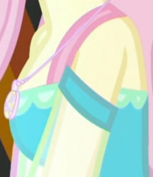 Size: 1920x2225 | Tagged: safe, screencap, fluttershy, costume conundrum, equestria girls, g4, my little pony equestria girls: better together, boobshot, breasts, clothes, cropped, dress, female, geode of fauna, jewelry, magical geodes, necklace, pictures of chests, sleeveless, solo, teenager