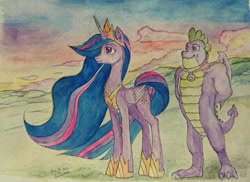 Size: 839x610 | Tagged: safe, artist:daisymane, spike, twilight sparkle, alicorn, dragon, pony, g4, the last problem, duo, female, gigachad spike, male, mare, older, older spike, older twilight, older twilight sparkle (alicorn), princess twilight 2.0, smiling, traditional art, twilight sparkle (alicorn), watercolor painting