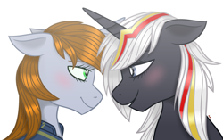 Size: 3500x2200 | Tagged: safe, artist:cherrycandi, oc, oc:littlepip, oc:velvet remedy, pony, unicorn, fallout equestria, blushing, clothes, couple, cute, duo, eyelashes, female, floppy ears, high res, jumpsuit, lesbian, looking at each other, profile, ship:velvetpip, shipping, simple background, smiling, smiling at each other, vault suit, white background