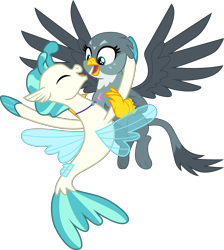 Size: 3818x4257 | Tagged: safe, artist:cloudy glow, artist:hendro107, edit, gabby, terramar, griffon, pony, seapony (g4), dragon dropped, g4, surf and/or turf, .ai available, .svg available, absurd resolution, dorsal fin, duo, embrace, eyes closed, female, fin, fin wings, fins, fish tail, flowing mane, flowing tail, gabbymar, jewelry, male, necklace, open mouth, shipping, simple background, straight, tail, transparent background, vector, wings
