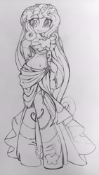 Size: 2604x4624 | Tagged: safe, artist:shadowhawx, fluttershy, human, g4, belly button, boots, clothes, dress, female, flower, flower in hair, grayscale, humanized, midriff, monochrome, pencil drawing, shoes, solo, traditional art