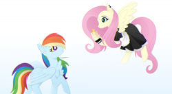 Size: 1280x703 | Tagged: safe, artist:dextromethorphan2020, fluttershy, rainbow dash, pegasus, pony, g4, chest fluff, clothes, duo, female, fluttermaid, food, gradient background, maid, mare, pancakes