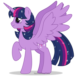 Size: 1900x1900 | Tagged: safe, artist:pigeorgien, twilight sparkle, alicorn, pony, g4, cute, ethereal mane, feathered wings, female, mare, raised hoof, show accurate, simple background, solo, spread wings, starry mane, twiabetes, twilight sparkle (alicorn), white background, wings