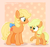Size: 1105x1038 | Tagged: safe, artist:budgie--boye, artist:pigeorgien, applejack, applejack (g1), earth pony, pony, g1, g4, base used, bow, cute, cuteness overload, duo, female, filly, filly applejack, freckles, g1 to g4, generation leap, jackabetes, looking at each other, raised hoof, self ponidox, tail bow, younger