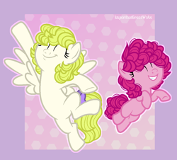 Size: 972x879 | Tagged: safe, artist:angellight-bases, artist:pigeorgien, pinkie pie, surprise, earth pony, pegasus, pony, g1, g4, base used, bow, curly hair, cute, diapinkes, duo, eyes closed, female, filly, filly pinkie pie, g1 to g4, generation leap, jumping, mare, ponk, spread wings, tail bow, wings, younger