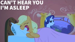 Size: 1920x1080 | Tagged: safe, edit, edited screencap, editor:quoterific, screencap, applejack, rarity, pony, unicorn, g4, look before you sleep, bed, duo, duo female, eyes closed, faic, female, golden oaks library, looking up, mare, open mouth, rain, rarity is not amused, sleeping, unamused