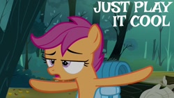 Size: 1920x1080 | Tagged: safe, edit, edited screencap, editor:quoterific, screencap, scootaloo, pegasus, pony, g4, sleepless in ponyville, backpack, bipedal, female, filly, open mouth, solo, t pose