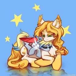 Size: 3000x3000 | Tagged: safe, artist:rrd-artist, oc, oc only, oc:mercury stratos, pegasus, pony, cuddling, eyes closed, female, glasses, high res, male, size difference, smiling, stars, sunglasses