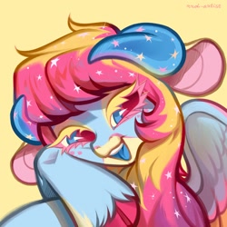 Size: 3000x3000 | Tagged: safe, artist:rrd-artist, oc, oc only, pegasus, pony, cloven hooves, ethereal mane, freckles, high res, horns, open mouth, smiling, solo, sparkles, spread wings, starry mane, wings