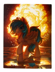 Size: 2606x3352 | Tagged: safe, artist:rrd-artist, oc, oc only, pegasus, pony, bat wings, chest fluff, explosion, fire, high res, solo, traditional art, wings