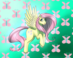 Size: 1280x1023 | Tagged: safe, artist:indigostarlight9, fluttershy, pegasus, pony, g4, cute, cutie mark background, open mouth, shyabetes, solo