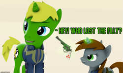 Size: 1801x1080 | Tagged: safe, artist:arcanetesla, oc, oc only, oc:arcane tesla, oc:littlepip, pony, unicorn, fallout equestria, 3d, clothes, female, gritted teeth, jumpsuit, larger male, magic, magic aura, male, mare, meme, size difference, smaller female, stallion, tall pone, telekinesis, this will end in death, vault suit