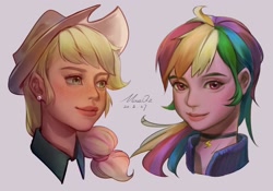Size: 2048x1430 | Tagged: safe, artist:卯卯七, part of a set, applejack, rainbow dash, human, g4, applejack's hat, bust, choker, cowboy hat, duo, ear piercing, earring, female, freckles, hat, humanized, jewelry, piercing, realistic, simple background