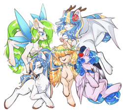 Size: 4158x3817 | Tagged: safe, artist:garcia, oc, oc:tea fairy, oc:堂前鹊, oc:小荷, oc:江边槐, oc:灵芸·茗泽, bat pony, earth pony, pegasus, pony, bat wings, chinese, female, fluffy, group photo, high res, male, mare, mascot, pegasus oc, pegasus wings, simple background, union, wings