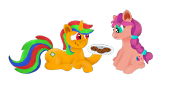 Size: 1559x821 | Tagged: safe, sunny starscout, oc, oc:rainbow cookie, earth pony, pony, unicorn, g5, cookie, food