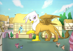 Size: 2912x2059 | Tagged: safe, artist:foxhatart, gilda, rainbow dash, oc, earth pony, griffon, pegasus, pony, unicorn, g4, commission, fear, female, giant griffon, high res, macro, male, mare, mega gilda, ponyville, running, size difference, stallion