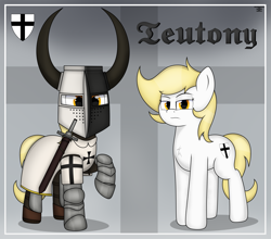 Size: 3521x3098 | Tagged: safe, artist:marusya, oc, oc only, oc:teutony, earth pony, pony, armor, blackletter, cutie mark, dame, female, guardsmare, high res, knight, looking at you, mare, reference sheet, royal guard, simple background, sword, teutonic knight, teutonic pony, weapon