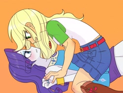 Size: 2160x1620 | Tagged: safe, artist:haibaratomoe, applejack, rarity, equestria girls, equestria girls series, belt, blushing, boots, bracelet, breasts, busty applejack, busty rarity, clothes, cutie mark, cutie mark on clothes, eye contact, female, geode of shielding, geode of super strength, jewelry, lesbian, looking at each other, magical geodes, rarijack, rarity peplum dress, shipping, shoes