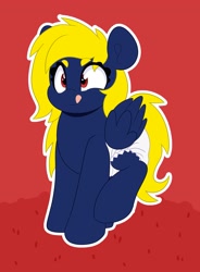 Size: 2951x4000 | Tagged: safe, artist:duckie, oc, oc only, oc:naveen numbers, pegasus, pony, :d, adult foal, cross-eyed, diaper, eye clipping through hair, eyebrows, eyebrows visible through hair, simple background, solo, tongue out