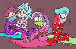 Size: 2097x1340 | Tagged: safe, artist:bugssonicx, apple bloom, cozy glow, scootaloo, sweetie belle, human, equestria girls, g4, arm behind back, bloomsub, bondage, bound and gagged, cloth gag, clothes, cozydom, cutie mark crusaders, equestria girls-ified, female, femdom, femsub, footed sleeper, footie pajamas, gag, hat, help us, nightcap, onesie, over the nose gag, pajamas, rope, rope bondage, scootasub, sleeping bag, sleepover, slumber party, submissive, sweetiesub, teary eyes, tied up