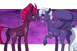 Size: 2400x1600 | Tagged: safe, artist:inuhoshi-to-darkpen, rolling thunder, tempest shadow, pegasus, pony, unicorn, g4, my little pony: the movie, the washouts (episode), blank flank, blank flank tempest, cloven hooves, duo, eye scar, female, mare, raised leg, scar