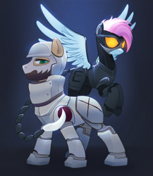 Size: 2434x2808 | Tagged: safe, artist:draw3, oc, oc only, oc:alabaster, oc:skyline, pegasus, pony, fallout equestria, armor, clothes, duo, enclave, enclave armor, female, grand pegasus enclave, helmet, high res, male, mare, mask, power armor, stallion, weapon, wings