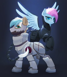 Size: 2434x2808 | Tagged: safe, artist:draw3, oc, oc only, oc:alabaster, oc:skyline, pegasus, pony, fallout equestria, armor, clothes, duo, enclave, enclave armor, female, grand pegasus enclave, high res, male, mare, mask, power armor, stallion, weapon, wings