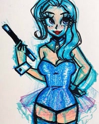 Size: 403x504 | Tagged: safe, artist:shimmer-guts, trixie, human, g4, clothes, cuffs (clothes), eyelashes, female, humanized, lipstick, magic wand, traditional art