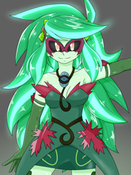 Size: 1668x2224 | Tagged: safe, artist:batipin, gaea everfree, wallflower blush, equestria girls, g4, bare shoulders, demon wallflower, female, green, memory stone, sleeveless, solo, strapless, transformation, transformed, wallflower and plants