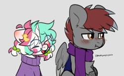 Size: 2457x1500 | Tagged: safe, artist:cottonsweets, oc, oc only, oc:artfulcord, oc:arucordu, oc:cottonsweets, pegasus, pony, unicorn, :t, blushing, clothes, colt, cute, female, filly, glasses, happy, male, round glasses, scarf, sikan pegasus, sweater, younger