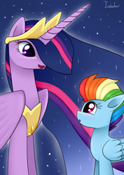 Size: 2480x3507 | Tagged: safe, artist:twidasher, rainbow dash, twilight sparkle, alicorn, pegasus, pony, g4, the last problem, blushing, crown, duo, ethereal mane, female, height difference, high res, jewelry, lesbian, older, older rainbow dash, older twilight, older twilight sparkle (alicorn), princess twilight 2.0, regalia, ship:twidash, shipping, signature, size difference, starry mane, twilight sparkle (alicorn)