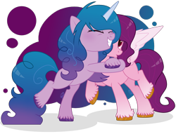 Size: 3948x3009 | Tagged: safe, artist:brushprism, izzy moonbow, pipp petals, pegasus, pony, unicorn, g5, base used, eyes closed, female, high res, hug, mare, raised hoof, red eyes, red-eyed pipp, simple background, smiling, transparent background, unshorn fetlocks