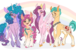 Size: 2560x1717 | Tagged: safe, artist:bluerm, hitch trailblazer, izzy moonbow, pipp petals, sunny starscout, earth pony, pegasus, pony, unicorn, g5, badge, bag, bracelet, braid, ear fluff, female, jewelry, leonine tail, looking at you, male, mare, necklace, open mouth, rainbow, red eyes, red-eyed pipp, smiling, spread wings, stallion, tail, unshorn fetlocks, wings