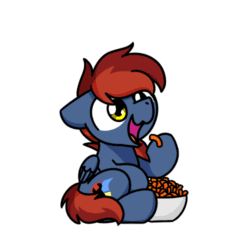 Size: 500x500 | Tagged: safe, artist:sugar morning, part of a set, oc, oc only, oc:firewire, pegasus, pony, g4, animated, bowl, cheetos, chibi, commission, cute, daaaaaaaaaaaw, eating, food, frame by frame, gif, male, ocbetes, simple background, sitting, solo, stallion, sugar morning's snacc and drincc, transparent background, ych result
